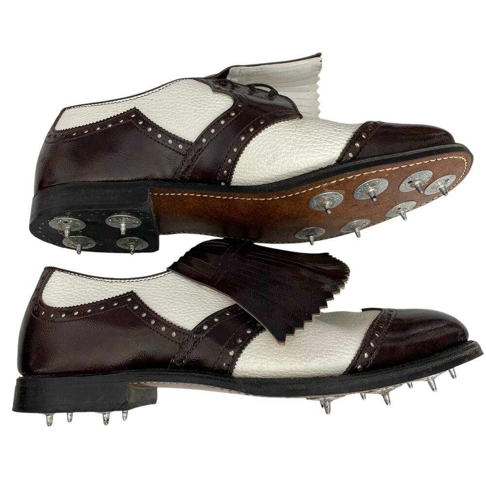 Vintage Etonic Wingtip Golf Shoes Men 11.5 D Metal Spikes Leather Brown White - Picture 2 of 11